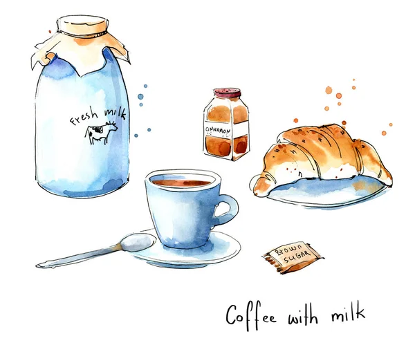 コーヒーを出す コーヒーとクロワッサンの水彩画 — ストック写真
