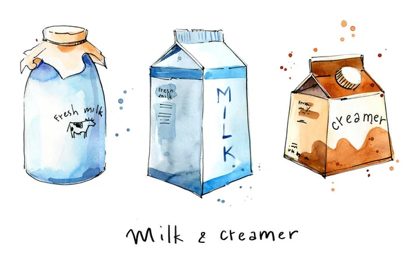 様々なパッケージのミルク製品水彩スケッチ — ストック写真