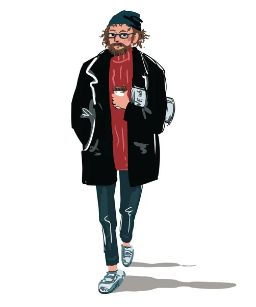 新聞やコーヒーを片手に歩く若者のベクトルスケッチカスーラルックメンズファッション — ストックベクタ