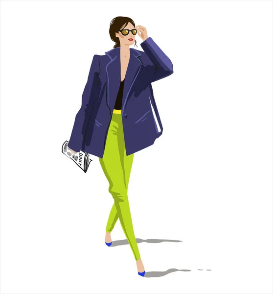新聞を持って歩く若い女性のベクトルスケッチです カジュアルな外観 ストリートファッション — ストックベクタ