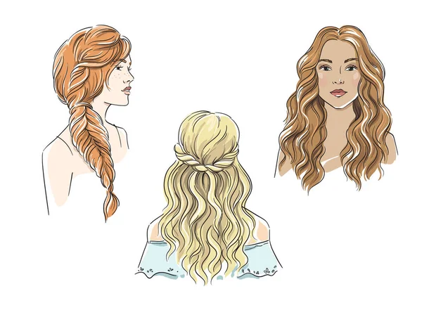 Set Different Female Hairstyles Long Hair Vector Illustration — Stock Vector