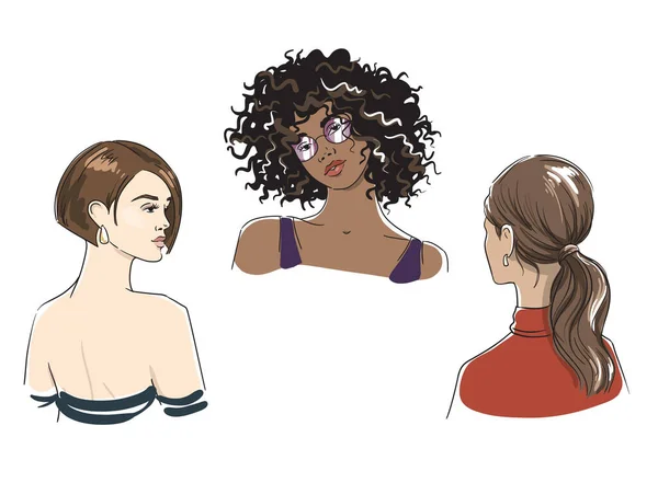 異なる女性のヘアスタイルのセット 異なる民族の女性 — ストックベクタ