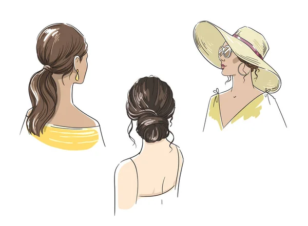 長い髪のベクトルと異なる女性の夏のヘアスタイルのセット — ストックベクタ