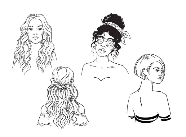 異なる女性のヘアスタイルベクトル黒と白のスケットのセット — ストックベクタ