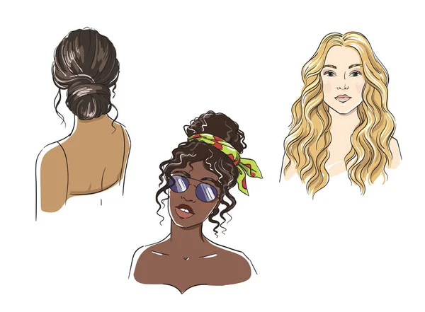 Farklı Kadın Saç Modelleri Farklı Etnik Kökenden Kadın Vekil Illüstrasyonları — Stok Vektör
