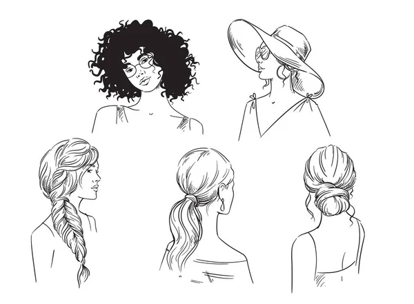 異なる女性の夏のヘアスタイルベクトル黒と白のスケッチのセット — ストックベクタ