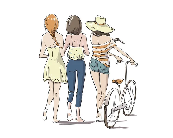 Três Mulheres Jovens Andando Descalças Com Bicicleta Ilustração Vetorial Retrovisor — Vetor de Stock