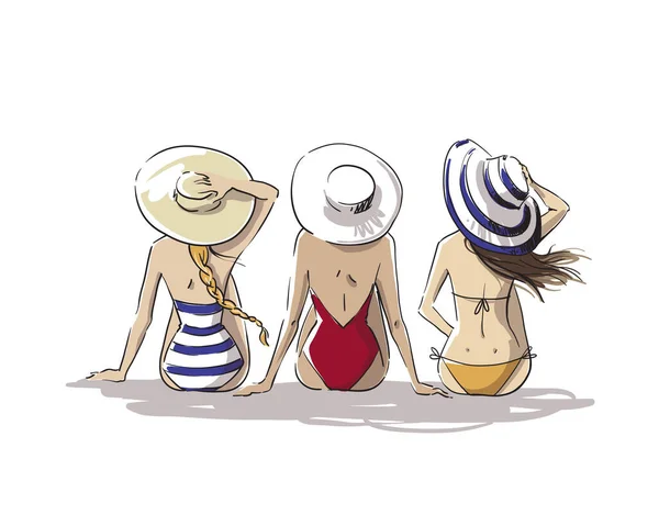 Three Friends Beach Young Women Sitting Together Beach Back View — Stock Vector