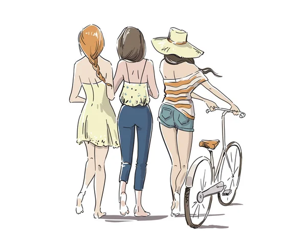 裸足で自転車で歩く3人の若い女性 — ストックベクタ