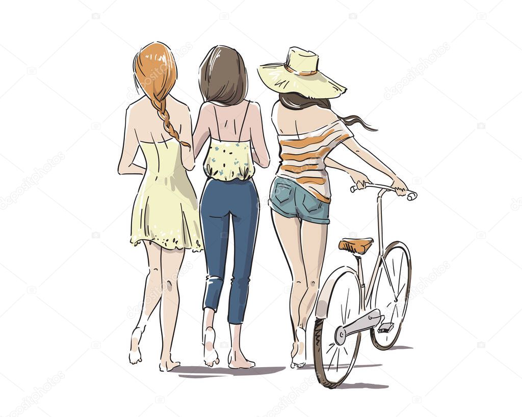 three young women walking barefoot with bicycle, back view vector illustration