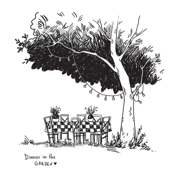 Ağacın Altındaki Bahçeye Kurulmuş Rahat Bir Yemek Masasının Siyah Beyaz — Stok Vektör