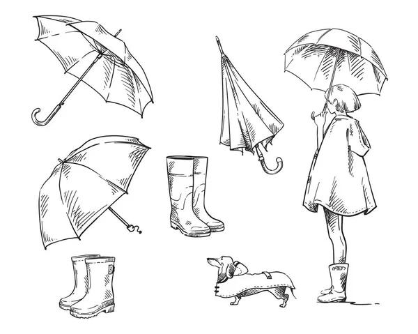 Walk Rain Set Icons Rain Rainy Weather — Stock Vector