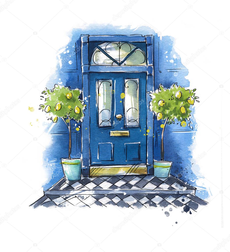 British traditional home entrance door , watercolor painting 