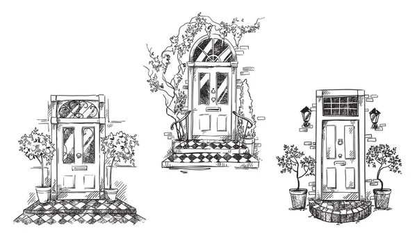 Englische Traditionelle Eingangstüren Mit Blumentöpfen Und Laternen Vektorskizze — Stockvektor