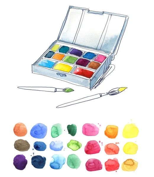 Caixa Tintas Aquarela Pincéis Paleta Cores Ilustrat — Fotografia de Stock