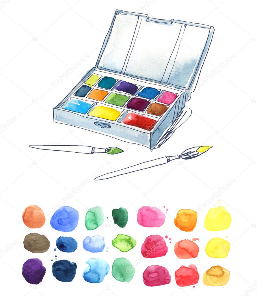box of watercolor paints and brushes and color palette illustrat