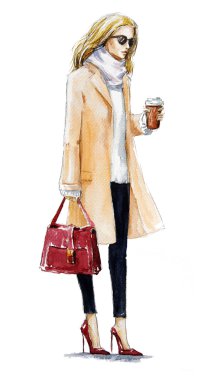 sokak moda. paltolu bir sarışın kız moda çizimi.