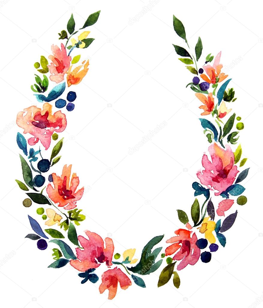 hand painted watercolor wreath. Flower decoration. Floral design.