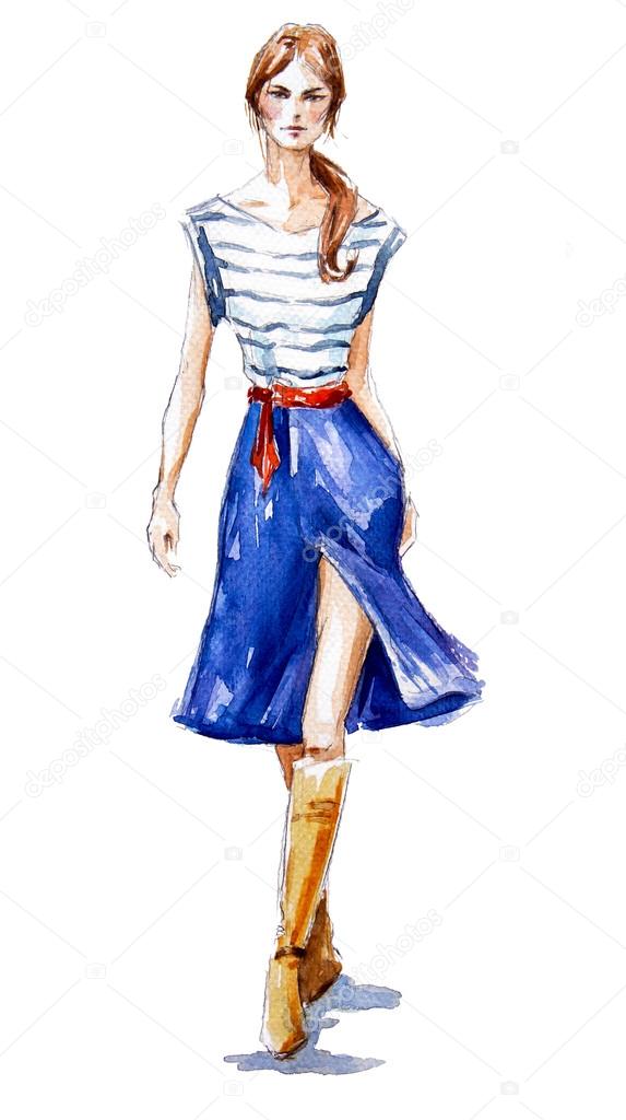 Street fashion. fashion illustration of a girl walking. Summer look.