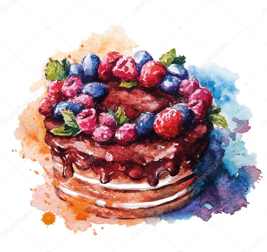 Hand painted watercolor cake. Vector illustration.