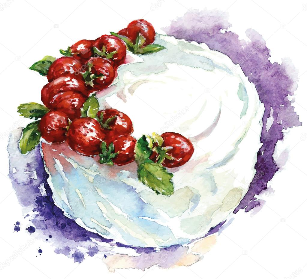 Hand painted watercolor strawberry cake. Vector illustration.