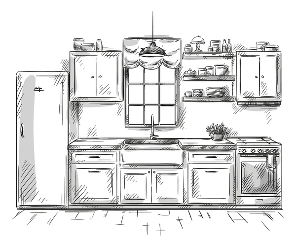 Keuken interieur tekening, vectorillustratie — Stockvector