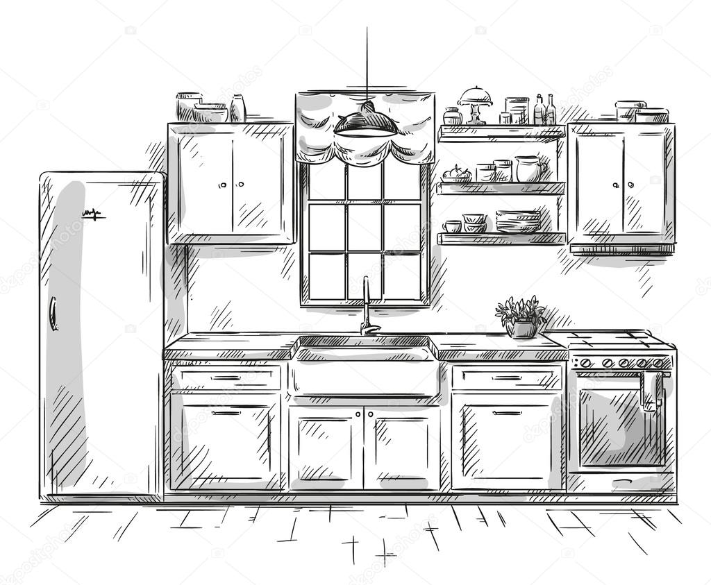 Download Kitchen interior drawing, vector illustration — Stock Vector © kamenuka #55126325