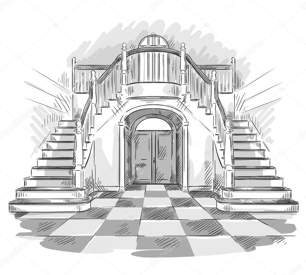 Spacious hall and staircase drawing, vector illustration