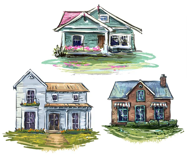 Conjunto de casas particulares, desenhado à mão, ilustração vetorial —  Vetores de Stock