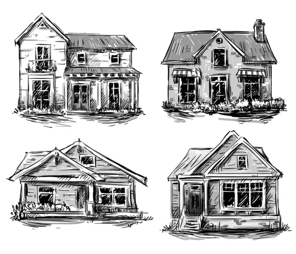 Conjunto de casas privadas, dibujado a mano, ilustración vectorial — Archivo Imágenes Vectoriales