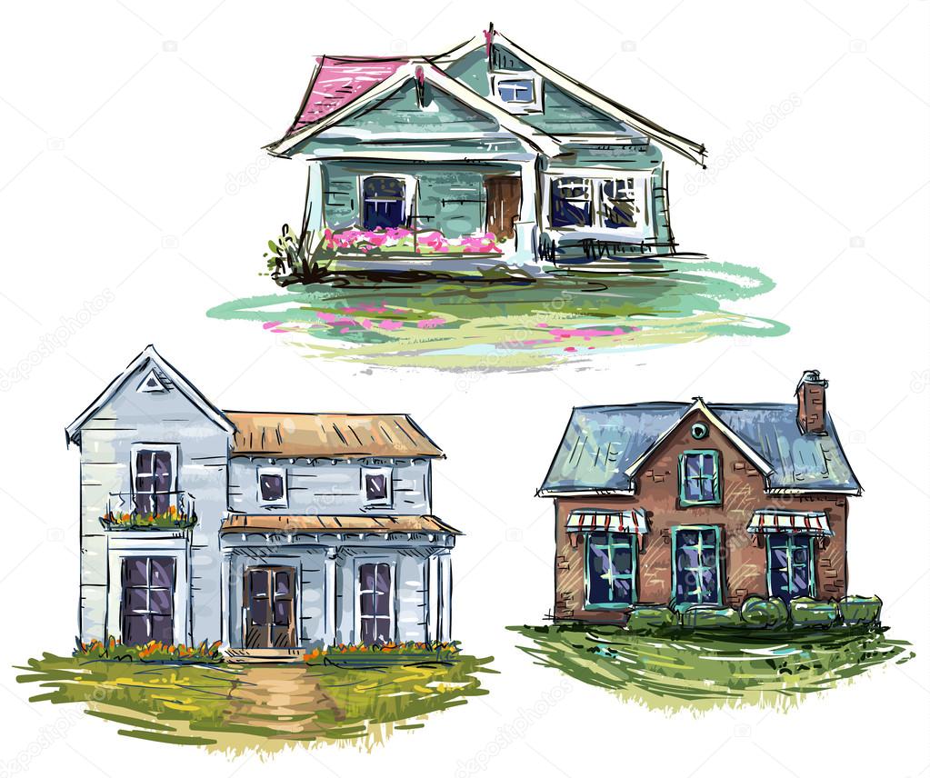 Set of private houses, hand drawn, vector illustration