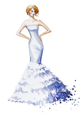Suluboya moda illüstrasyon, uzun elbiseli güzel genç kız. Gelinlik