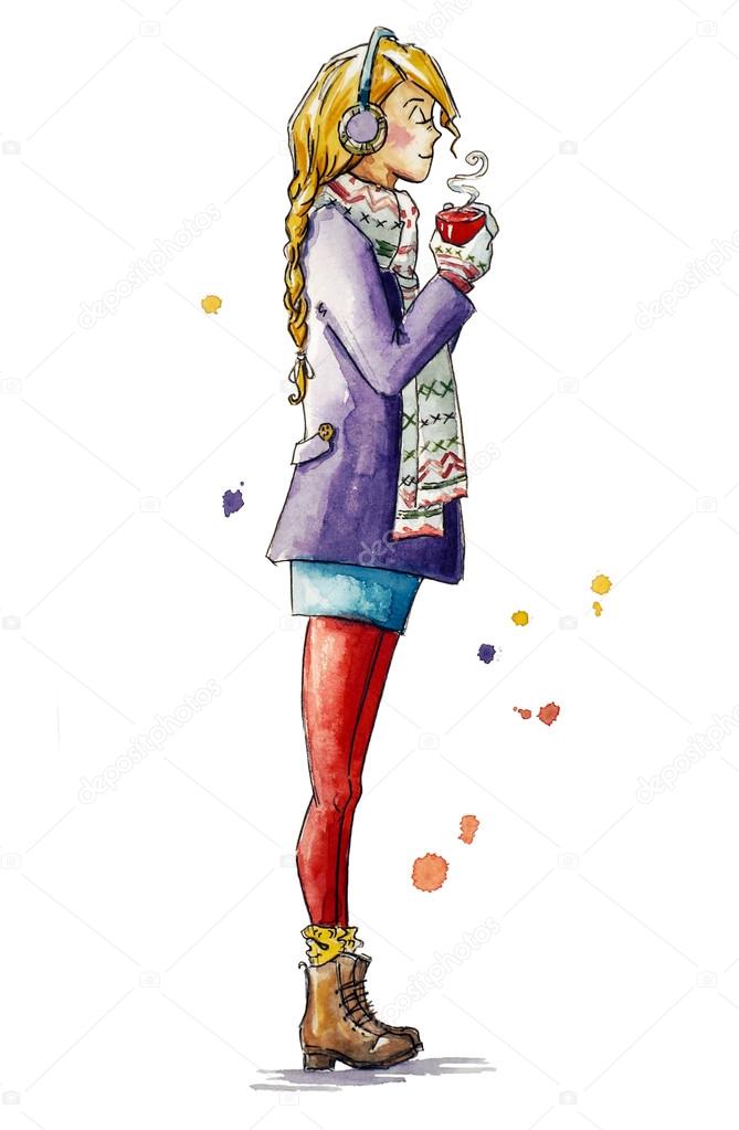 Watercolor illustration of a girl holding a cup of coffee. Christmas look, Fashion illustration.