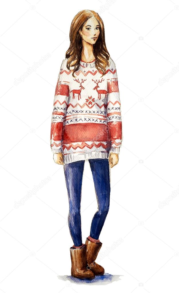 Watercolor illustration of a girl in a christmas sweater. Christmas look, Fashion illustration.