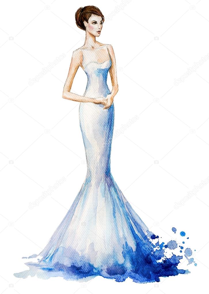 Watercolor fashion illustration, Beautiful young girl in a long dress. Wedding dress