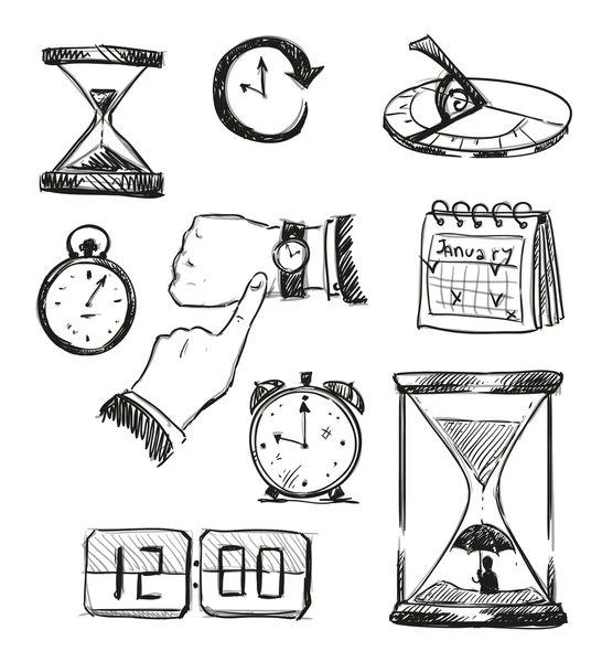 Bosquejo a mano alzada de símbolos de tiempo. Iconos de tiempo. Ilustración vectorial . — Archivo Imágenes Vectoriales