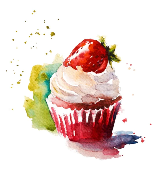 Muffin aquarelle à la fraise peint à la main — Photo