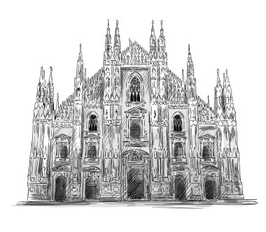Duomo di Milano. Milano Katedrali'ne. Vektör çizimi.