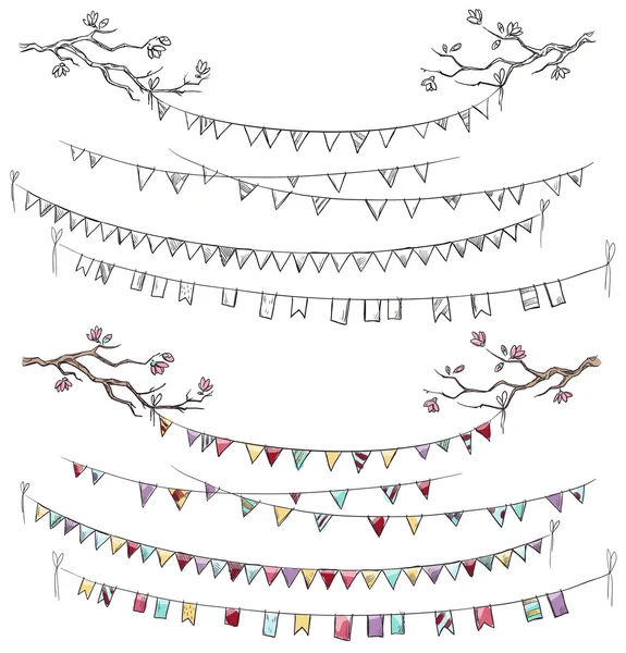 Doodle ramas de árboles y banderas de fiesta. Guirnalda . — Archivo Imágenes Vectoriales