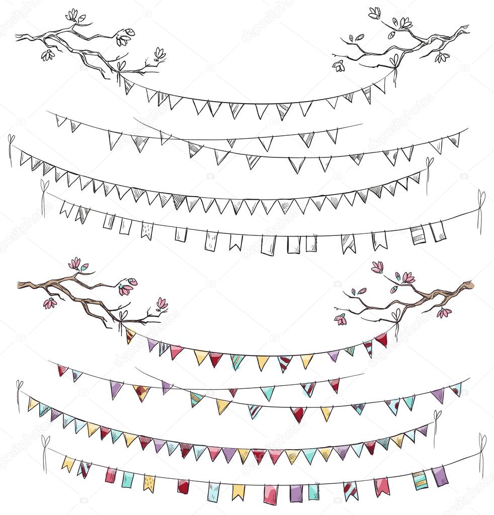Doodle tree branches and party flags. Garlands.