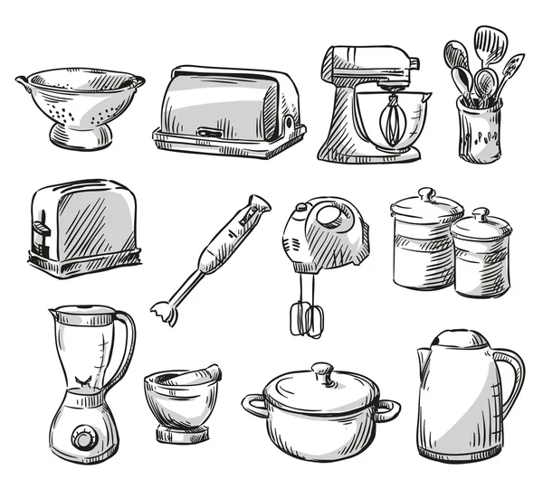 Set von Küchengeräten. Haushaltsgeräte. Handgezeichnet. Vektorillustration. — Stockvektor