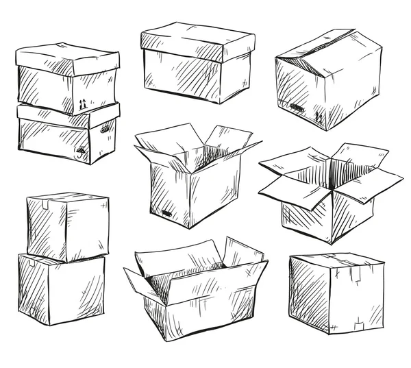 Conjunto de cajas de cartón doodle. Ilustración vectorial . — Archivo Imágenes Vectoriales