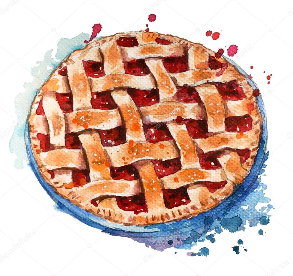 Hand painted home made berry pie. Watercolor sketch.