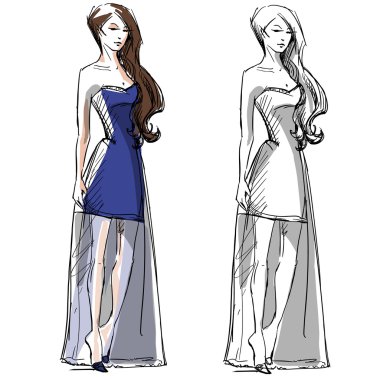 Moda çizilmiş şekil ver. Vektör çizimi. Uzun elbise.