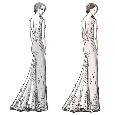 Moda çizilmiş şekil ver. Vektör çizimi. Uzun elbise.