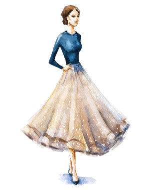 Moda illüstrasyon, suluboya kroki. Vektör çizim.