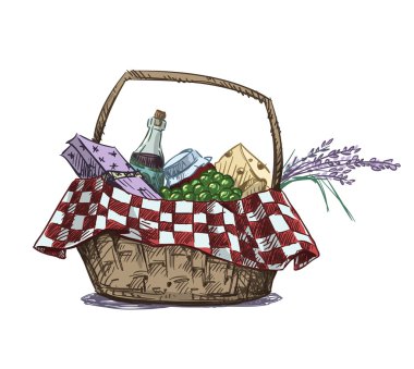 Piknik sepeti ile snack. Elle çizilmiş. Vektör çizim.