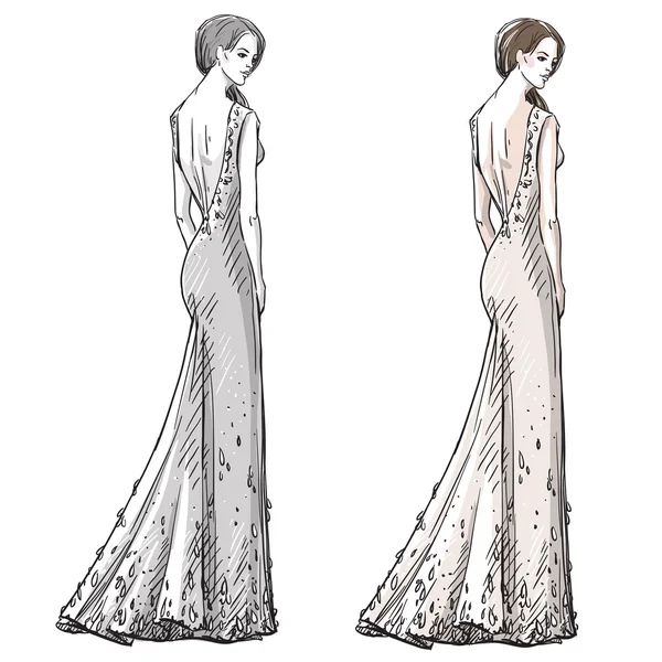 Fashion hand drawn illustration. Vector sketch. Long dress. — Stock Vector
