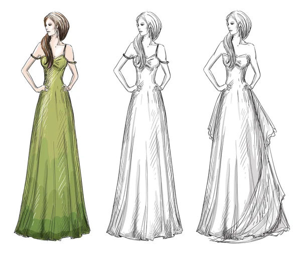 Mode hand getekende illustratie. Vector schets. Lange jurk. — Stockvector