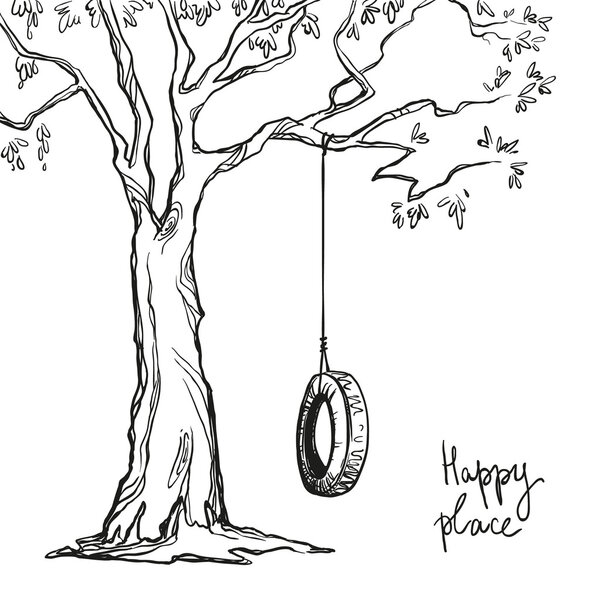 Tree with a tyre swing. Vector illustration.